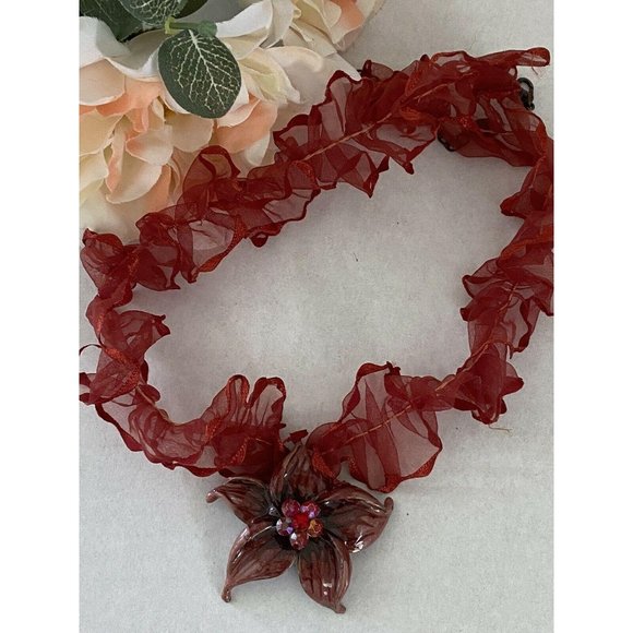 Vintage OoakRed Enamel Flower‎ Pendant Necklace